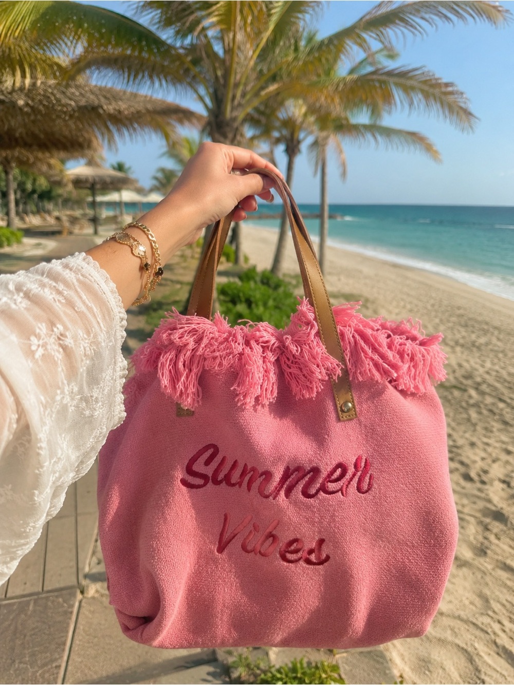 Forever 21 Pink Fringe Tote Bag with Tan Handles